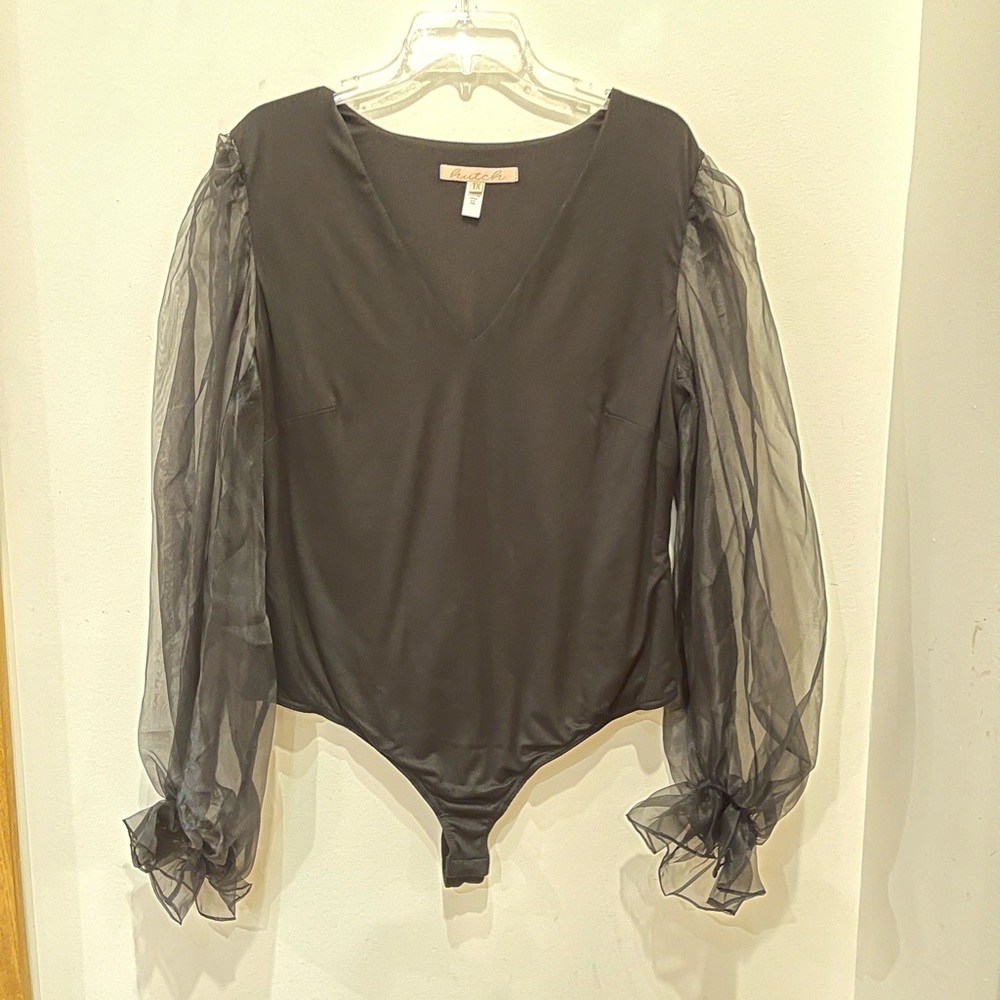 Hatch body suit with organza sleeve